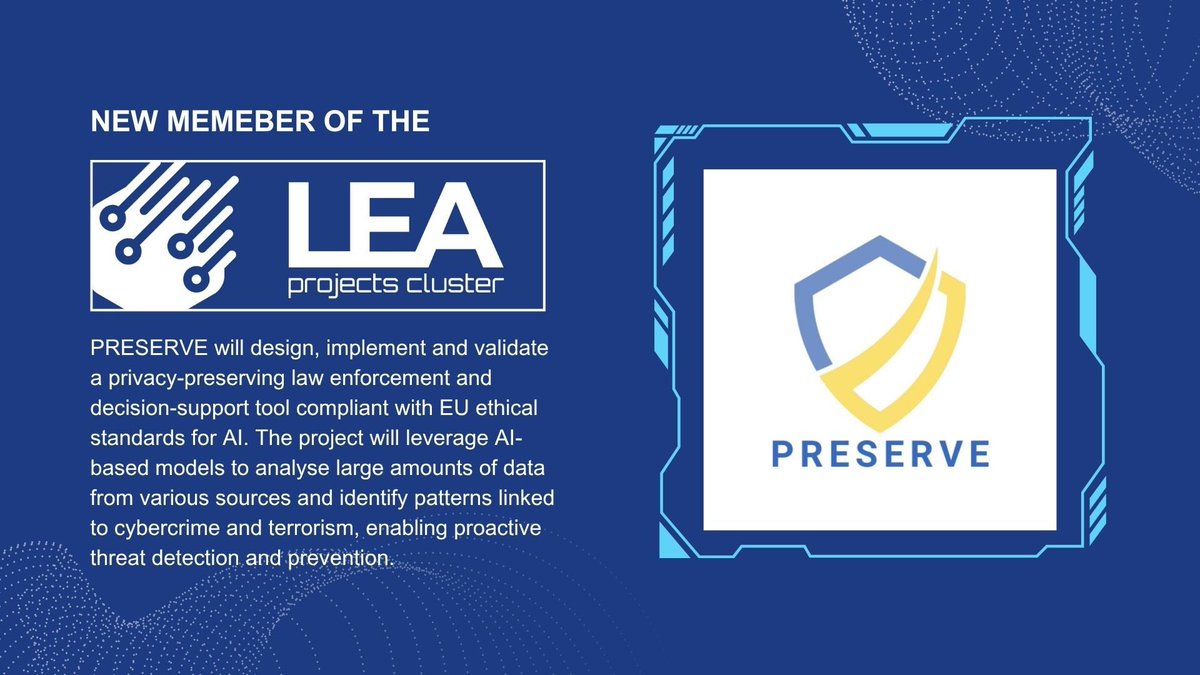 Privanova (@privanova_) on Twitter photo We are proud to announce that the #PRESERVEProject has joined the LEA Projects Cluster. PRESERVE will design, implement, and validate a privacy-preserving law enforcement and decision-support tool compliant with EU ethical standards for AI.
Learn more: preserveproject.eu We are proud to announce that the #PRESERVEProject has joined the LEA Projects Cluster. PRESERVE will design, implement, and validate a privacy-preserving law enforcement and decision-support tool compliant with EU ethical standards for AI.
Learn more: preserveproject.eu