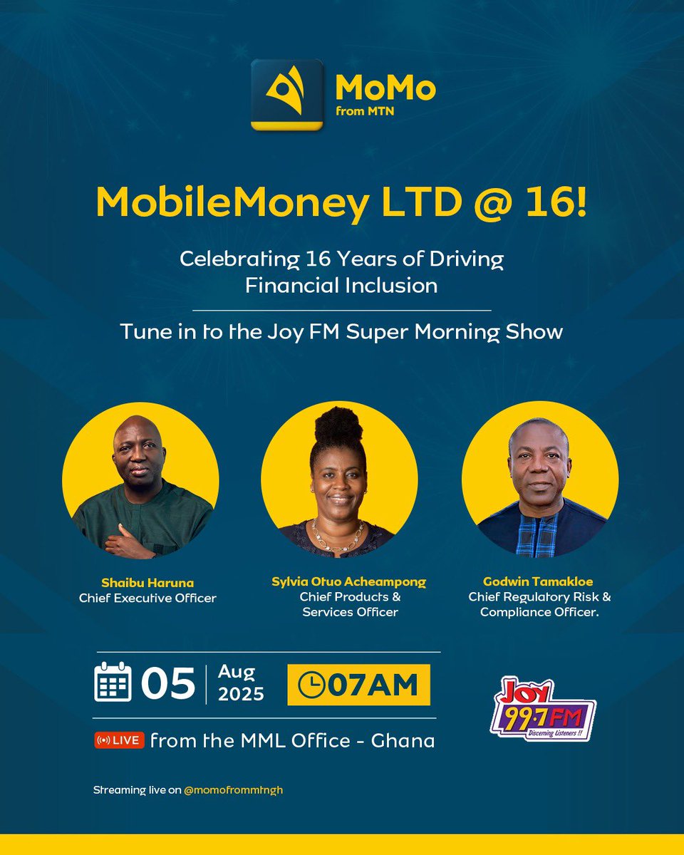 What a milestone, 16 years of innovation, growth, and empowerment! Happy anniversary to MobileMoney LTD. Our Chief Regulatory Risk &amp; Compliance Officer, Godwin Tamakloe,will be on Joy FM this morn to talk about our journey. Join the conversation <a href="/MoMoFromMTNGh/">MoMoFromMTNGh</a> <a href="/MTNGhana/">MTN Ghana</a> #MoMoAt16