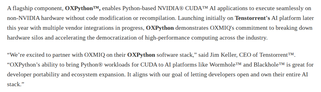 Jush (@jush21e8) on Twitter photo Oxmiq Labs will be partnering with <a href="/tenstorrent/">Tenstorrent</a> to enable CUDA code to run on Wormhole and Blackhole without any code modification Oxmiq Labs will be partnering with <a href="/tenstorrent/">Tenstorrent</a> to enable CUDA code to run on Wormhole and Blackhole without any code modification
