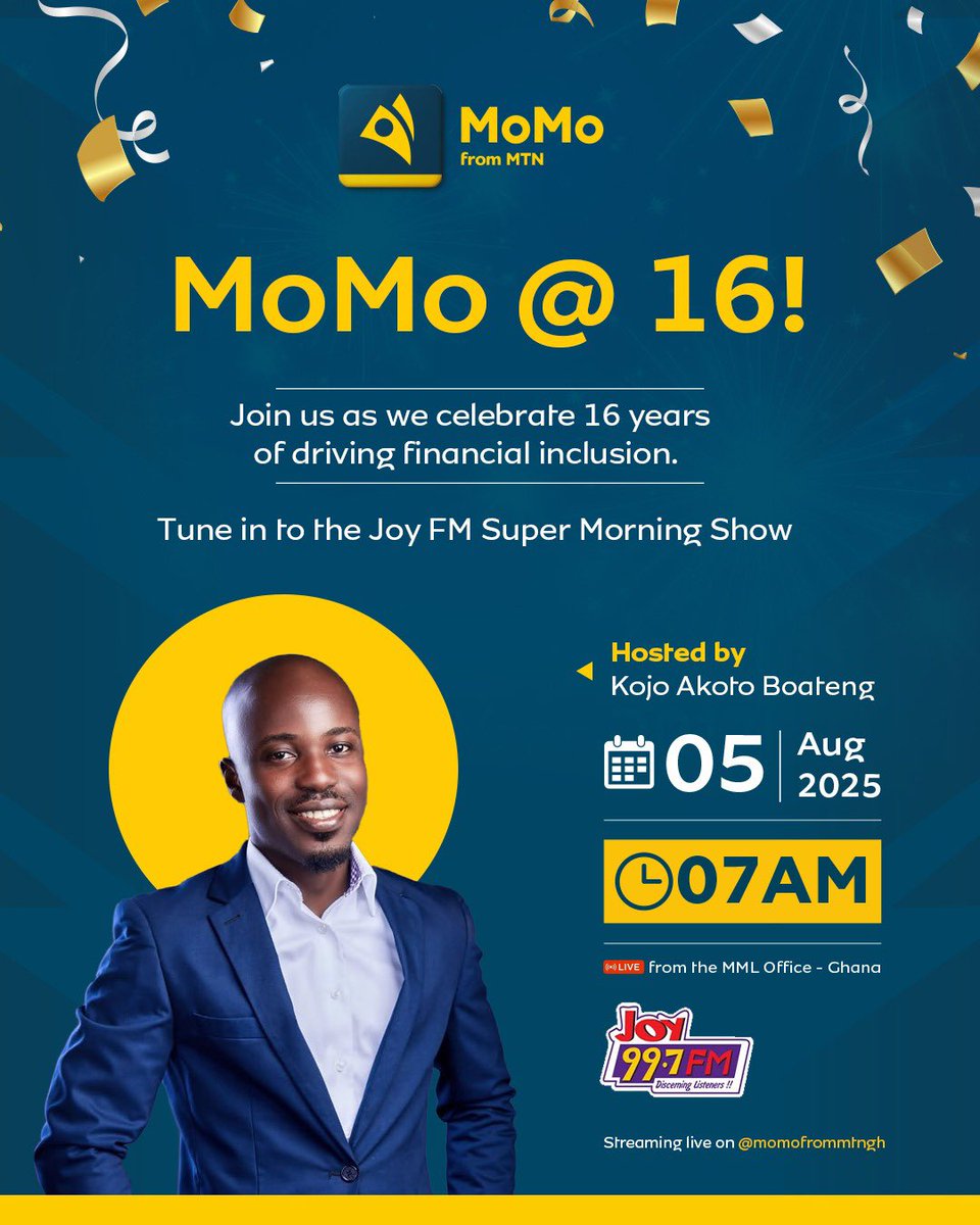 Let's commemorate 16 years of outstanding MoMo! To enter to win and learn about Ghana's largest fintech platform, tune in to Joy FM on August 5. #MoMoAt16