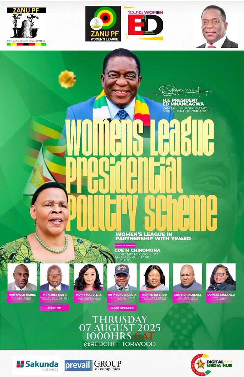 We are pleased to announce that the Special Investment Advisor, Dr. Paul Tunguwara, will join the ZANUPF Women’s League Presidential Poultry Scheme

Guided by His Excellency’s mantra, “Leaving no one and no place behind,” the scheme recognizes and elevates the vital role women