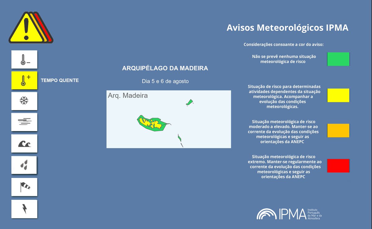 #AvisosMeteorológicos

❗️ Atenção aos Avisos Meteorológicos para Portugal Continental e Madeira

⚠ Conheça os avisos em vigor para hoje, dia 5 e para o dia 6 de agosto de 2025 👇

▶️ Avisos meteorológicos: tinyurl.com/mpw286fm

#InfoIPMA #tempo