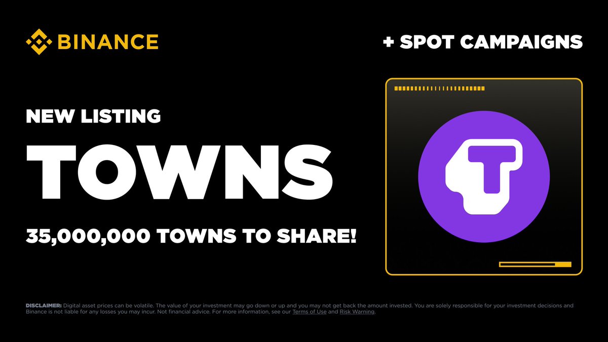 Binance Spot has announced the listing of $TOWNS, the native token of  @TownsProtocol, and kicked off an exclusive trading challenge. A total of  35,000,000 TOWNS tokens are available in the prize pool.