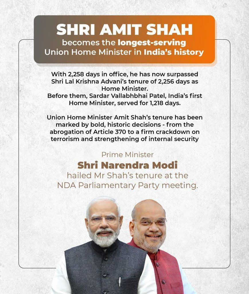 Congratulating Sri. <a href="/AmitShah/">Amit Shah</a> ji on becoming the longest-serving Union Home Minister in India’s history. 🇮🇳

From the historic abrogation of Article 370 to an iron-clad stance against terrorism, his tenure has been marked by unwavering resolve and decisive leadership.

The nation