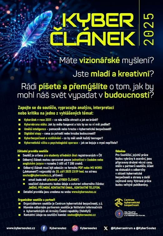 Velitelství informačních a kybernetických sil (@veinkys) on Twitter photo Máte doma středoškoláka, který hledá svojí budoucnost?🤔
<a href="/KyberSoutez/">Kyber Soutez</a> může být pro děti a studenty vstupní branou do světa kybernetické bezpečnosti.
➡️První krok?
Popřemýšlet o tématu, napsat nápaditý článek a poslat.
Prosté😊 Máte doma středoškoláka, který hledá svojí budoucnost?🤔
<a href="/KyberSoutez/">Kyber Soutez</a> může být pro děti a studenty vstupní branou do světa kybernetické bezpečnosti.
➡️První krok?
Popřemýšlet o tématu, napsat nápaditý článek a poslat.
Prosté😊