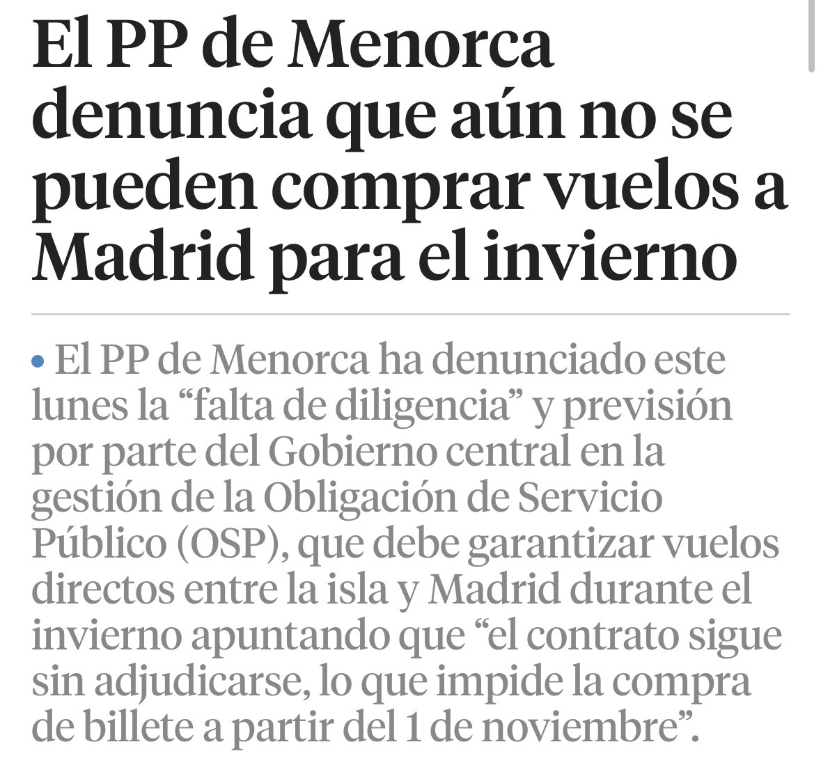 PP Menorca (@ppmenorca) on Twitter photo 🚨 Encara no es poden comprar bitllets a Madrid per s'hivern, a causa de sa falta d'adjudicació de s’OSP.
⚠️ Estem en ple agost i es Ministeri de Transports segueix sense resoldre'l.
🔵 Exigim adjudicacions pluriennals i 3 freqüències diàries reals.
🗞️<a href="/LaVanguardia/">La Vanguardia</a> 🚨 Encara no es poden comprar bitllets a Madrid per s'hivern, a causa de sa falta d'adjudicació de s’OSP.
⚠️ Estem en ple agost i es Ministeri de Transports segueix sense resoldre'l.
🔵 Exigim adjudicacions pluriennals i 3 freqüències diàries reals.
🗞️<a href="/LaVanguardia/">La Vanguardia</a>