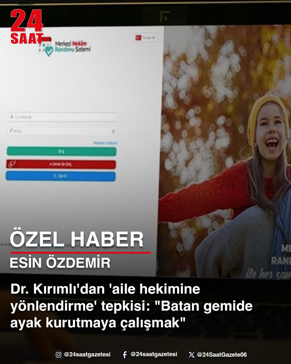 24 Saat Gazetesi (@24saatgazete06) on Twitter photo ÖZEL HABER | Esin Özdemir
Dr. Kırımlı'dan 'aile hekimine yönlendirme' tepkisi: "Batan gemide ayak kurutmaya çalışmak"
24saatgazetesi.com/dr-kirimlidan-…
#Sağlık #Randevu #Kriz #Sistem #AileHekimi
<a href="/EMRAHKIRIMLI/">Emrah Kırımlı</a> <a href="/esinozdemir__/">Esin Özdemir</a> ÖZEL HABER | Esin Özdemir
Dr. Kırımlı'dan 'aile hekimine yönlendirme' tepkisi: "Batan gemide ayak kurutmaya çalışmak"
24saatgazetesi.com/dr-kirimlidan-…
#Sağlık #Randevu #Kriz #Sistem #AileHekimi
<a href="/EMRAHKIRIMLI/">Emrah Kırımlı</a> <a href="/esinozdemir__/">Esin Özdemir</a>