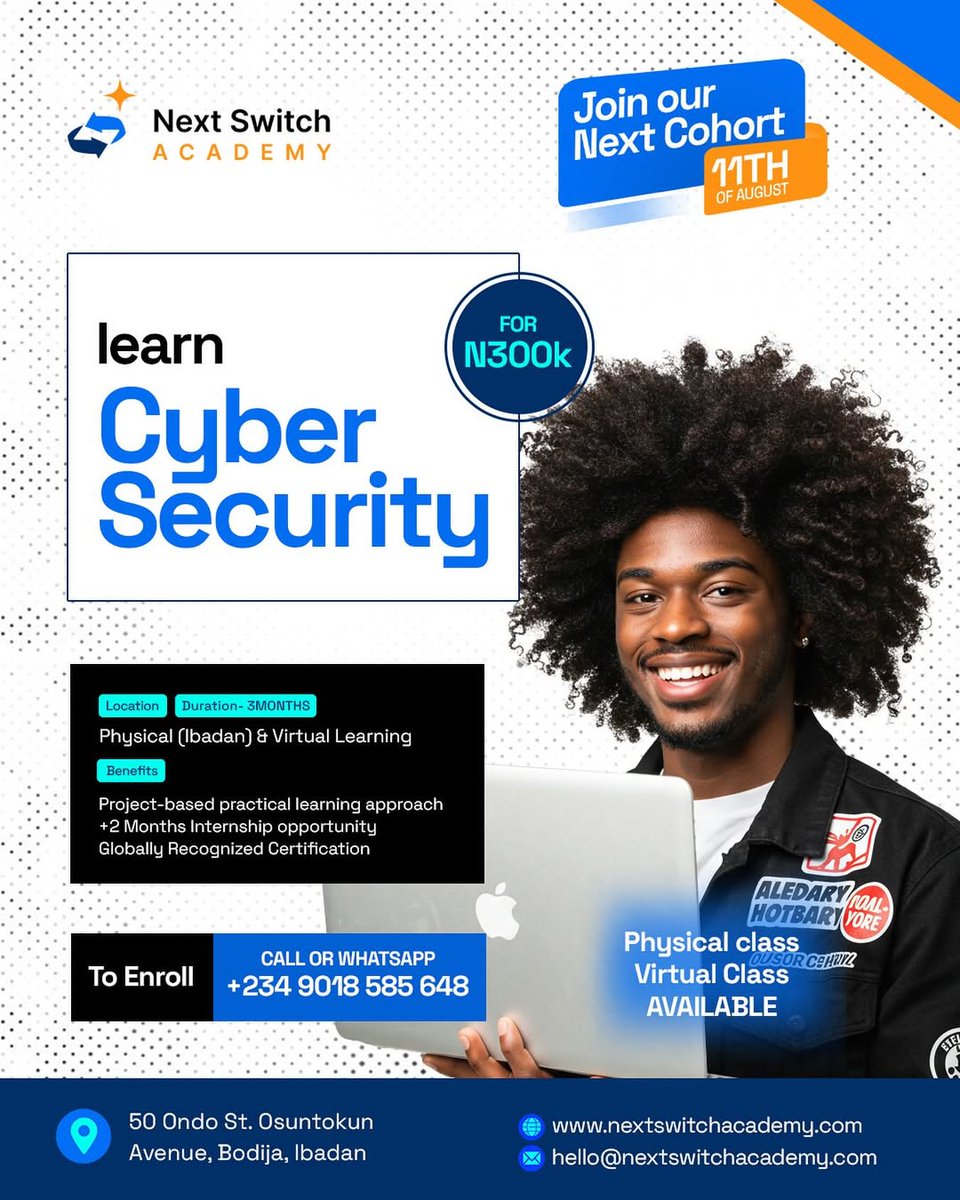 nextswitch_'s tweet image. Hackers don’t sleep, so why should your skills?
Learn Cybersecurity in 3 months:
Ethical Hacking
Threat Detection
Certification + Internship

📍Bodija, Ibadan | Virtual &amp;amp; Physical
DM or WhatsApp 0901 858 5648

#Cybersecurity #NextSwitchAcademy
Sir Wiz GM Web3 Kayikunmi