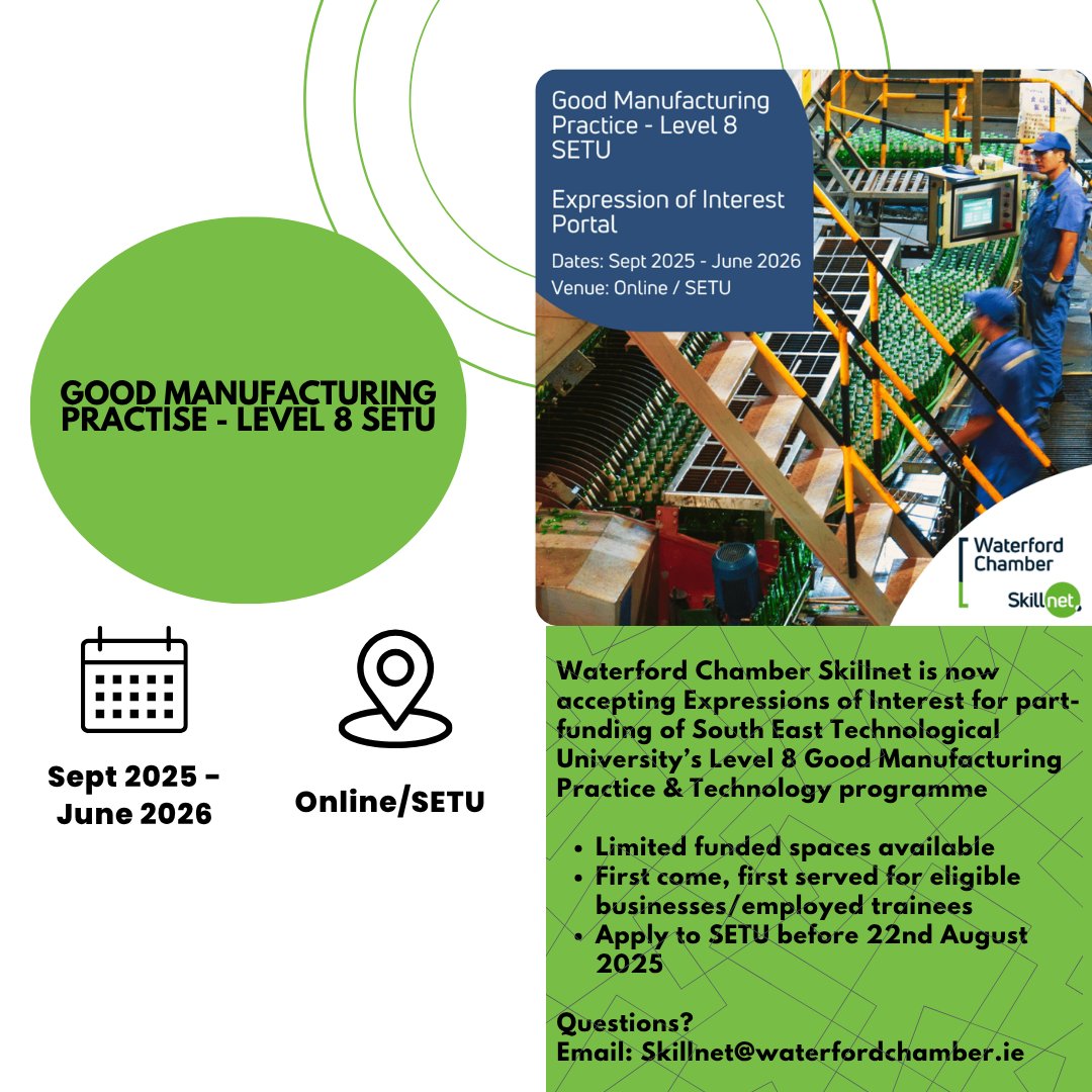Upcoming Courses August - September 📆

Upcoming Courses:
🟢 Employment Law in a Nutshell
🟢 Lean Mindset Workshop: Small Changes, Big Impact
🟢 Level 8 Good Manufacturing Practice &amp; Technology 2025/2026

To see the full list of courses, please visit: 🔗 waterfordskillnet.ie/training-cours…