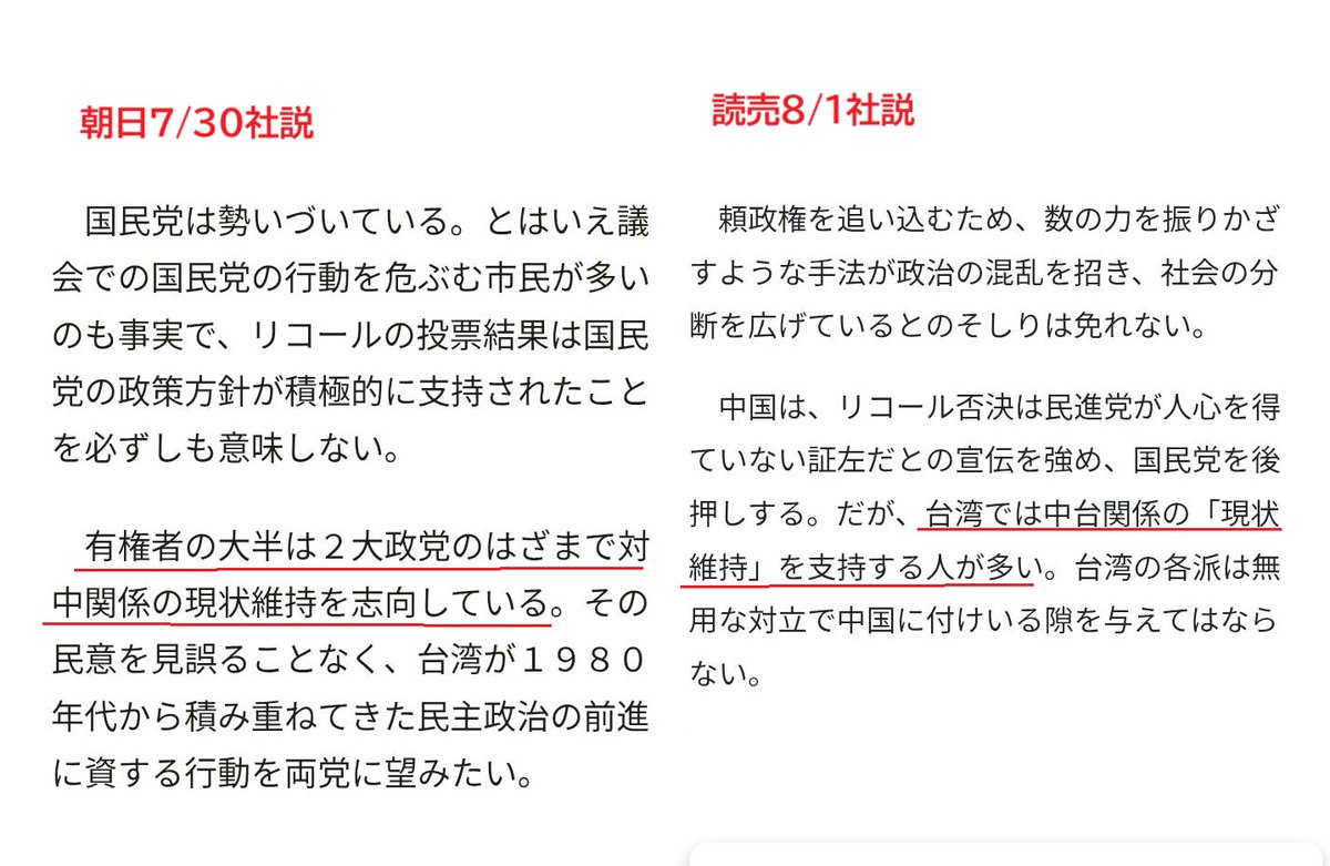 日本のマスコミが「#台湾  人の多くは台中関係の現状維持の望んでいる」と強調し、二大政党の対立を批判するのは釈然としない。その両党もまた現状維持路線だからだ。  民進党は中国から独立したがっているとの中共のインチキ宣伝の影響だろう。 国民党の親中路線は確かに ...