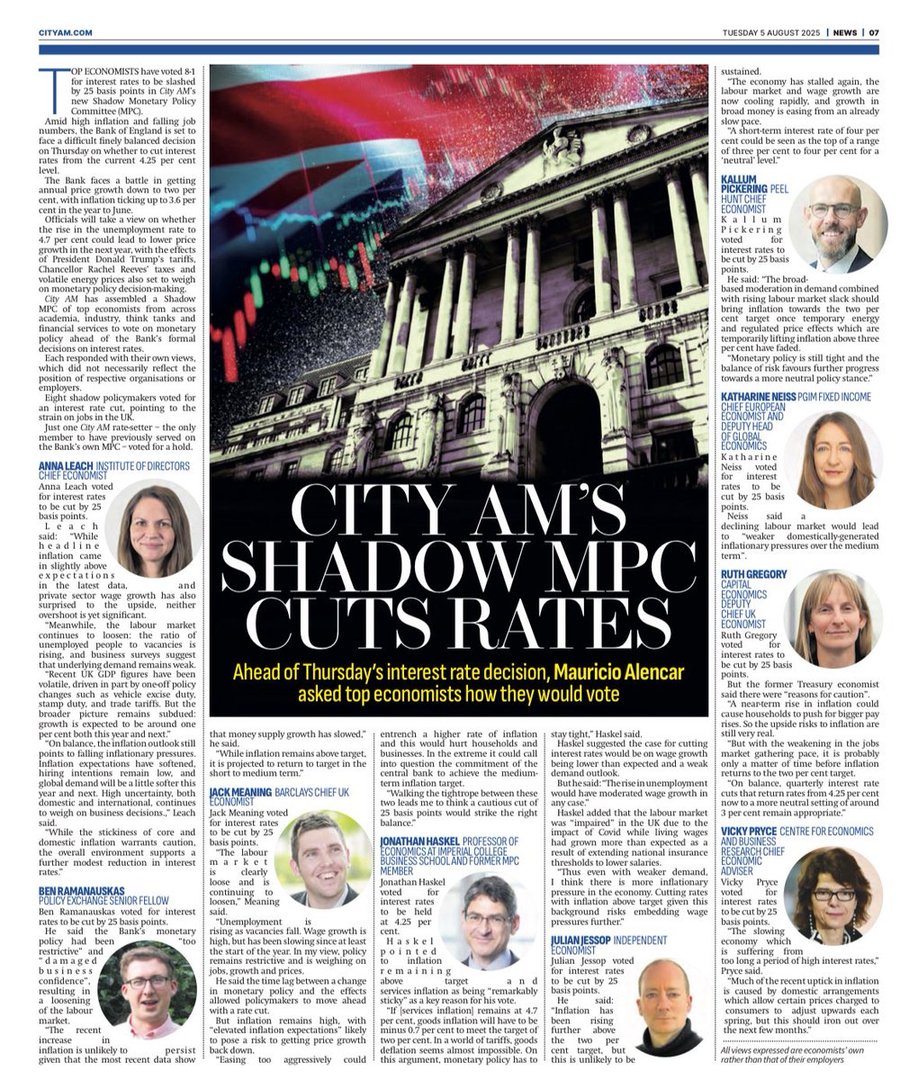 Read here and in the paper on why City AM’s Shadow MPC opted for Bank Rate to be cut to 4 per cent. 

cityam.com/cut-interest-r…