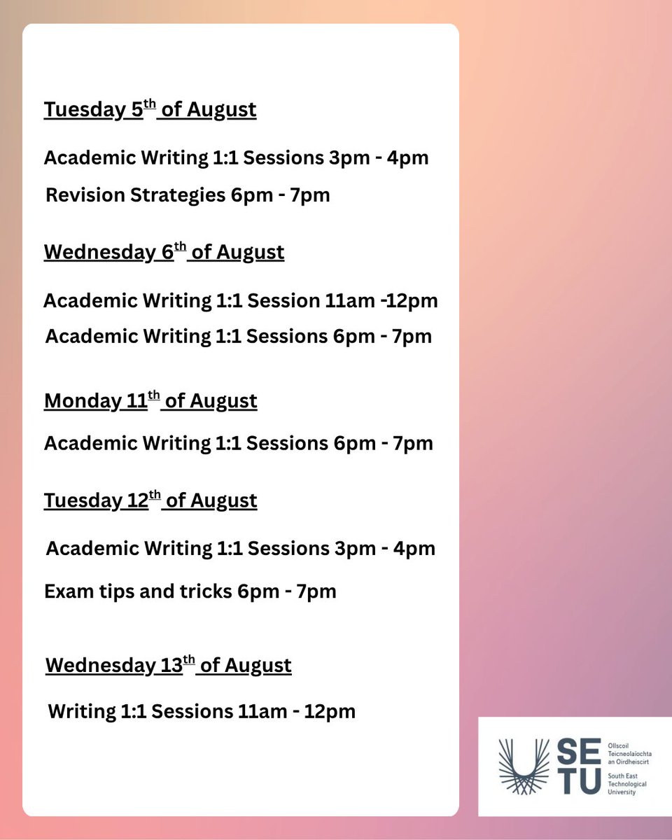The Centre for Academic Practice (CAP) will be holding support sessions in the lead up to the Autumn Examination session 
#Autumnexams #SETU #SETUlibraries
