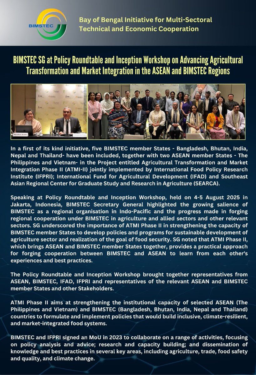 BIMSTEC (@bimstecindhaka) on Twitter photo 𝐁𝐈𝐌𝐒𝐓𝐄𝐂 𝐚𝐭 𝐀𝐓𝐌𝐈-𝐈𝐈 𝐏𝐨𝐥𝐢𝐜𝐲 𝐑𝐨𝐮𝐧𝐝𝐭𝐚𝐛𝐥𝐞 | 𝐉𝐚𝐤𝐚𝐫𝐭𝐚 𝟐𝟎𝟐𝟓
<a href="/IFPRI/">IFPRI</a> <a href="/IFAD/">International Fund for Agricultural Development</a> <a href="/ASEAN/">ASEAN</a> <a href="/IndraManiPR/">Indramani Pandey, IFS</a>
#ATMIJakarta #ATMI2 #IFAD #SEARCA #BIMSTEC #IFPRI #IFPRISAO #agriculture #market #transformation #integration #RegionalCooperation #ASEAN #BayOfBengal 𝐁𝐈𝐌𝐒𝐓𝐄𝐂 𝐚𝐭 𝐀𝐓𝐌𝐈-𝐈𝐈 𝐏𝐨𝐥𝐢𝐜𝐲 𝐑𝐨𝐮𝐧𝐝𝐭𝐚𝐛𝐥𝐞 | 𝐉𝐚𝐤𝐚𝐫𝐭𝐚 𝟐𝟎𝟐𝟓
<a href="/IFPRI/">IFPRI</a> <a href="/IFAD/">International Fund for Agricultural Development</a> <a href="/ASEAN/">ASEAN</a> <a href="/IndraManiPR/">Indramani Pandey, IFS</a>
#ATMIJakarta #ATMI2 #IFAD #SEARCA #BIMSTEC #IFPRI #IFPRISAO #agriculture #market #transformation #integration #RegionalCooperation #ASEAN #BayOfBengal