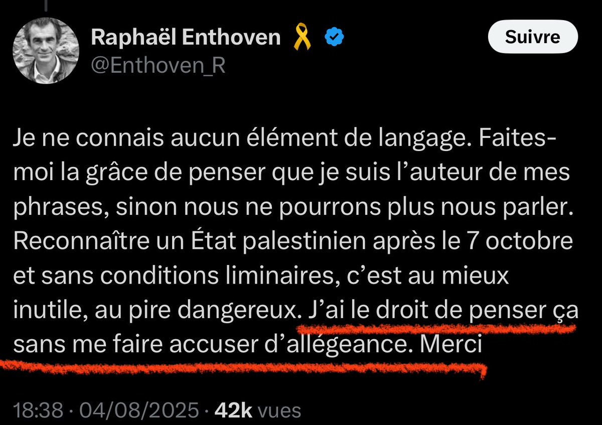 Aymeric Caron (@caronaymericoff) on Twitter photo C’est vrai qu’il faut être sacrément de mauvaise foi pour accuser ce courageux <a href="/Enthoven_R/">Raphaël Enthoven 🎗️</a> d’allégeance à l’extreme-droite fasciste israélienne.
Ce n’est pas parce qu’il en reprend tous les termes, toutes les fake news, toute la propagande, et qu’il a toujours soutenu le C’est vrai qu’il faut être sacrément de mauvaise foi pour accuser ce courageux <a href="/Enthoven_R/">Raphaël Enthoven 🎗️</a> d’allégeance à l’extreme-droite fasciste israélienne.
Ce n’est pas parce qu’il en reprend tous les termes, toutes les fake news, toute la propagande, et qu’il a toujours soutenu le