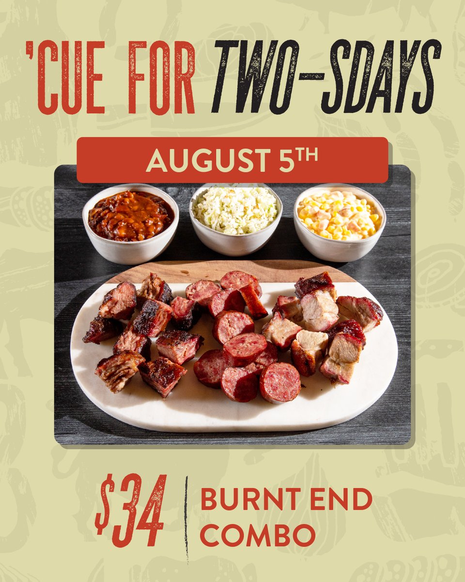 ‘Cue For Tue-sdays is here.🔥 Get our Burnt End Combo this Tuesday ONLY (Aug. 5):

Beef, pork and sausage burnt ends + your choice of 3 sides for just $34 - available for dine-in and carryout. Feeds 2. 

#CueForTuesdays #BurntEnds #KCBBQ #JackStackBBQ #TuesdaySpecial