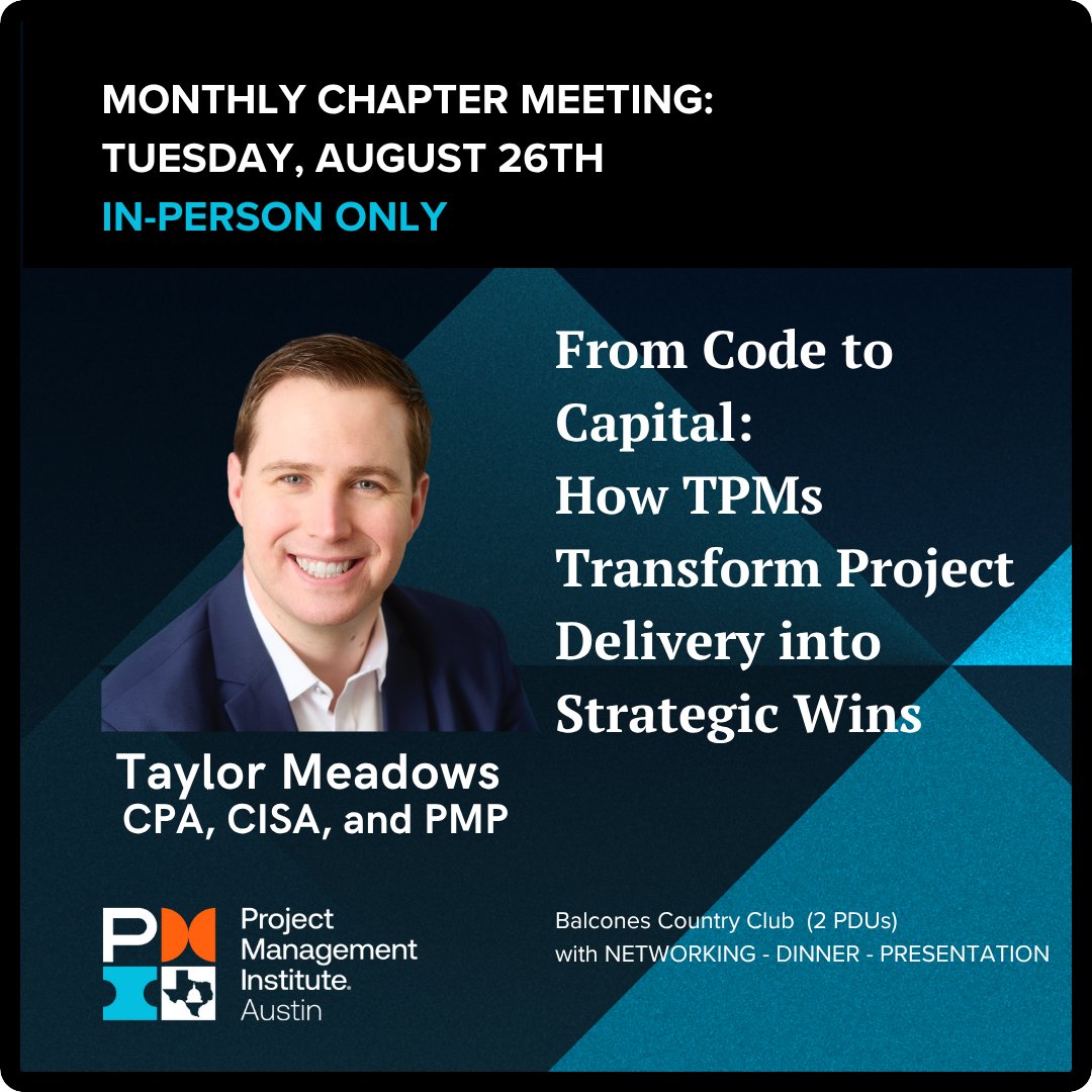 PMIATX's tweet image. What you’ll learn Aug 26:   

✅ TPMOs = strategic value   
✅ AI + workflow automation   
✅ Cap Labor + R&amp;amp;D cost savings   

🎯 2 PDUs | 🍽️ | 🤝   

🎟️ pmiaustin.org/calendar-of-ev…

#PMIAustin #ProjectInnovation #TPMO
