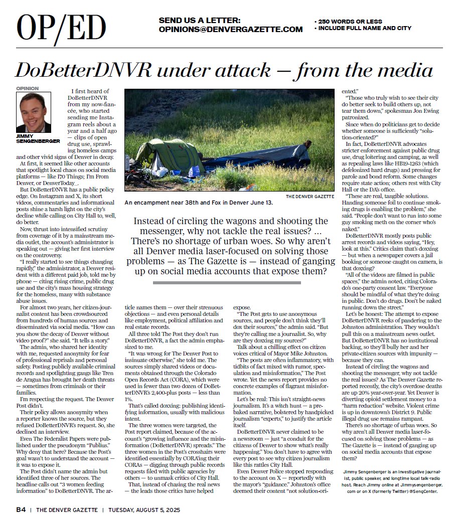 Jimmy Sengenberger (@sengcenter) on Twitter photo The <a href="/denverpost/">The Denver Post</a> doxed 3 sources who don't run @DoBetterDNVR—digging through CORA requests to unmask critics of City Hall.
Why? Because they passed some material to the citizen journalism account that dares to show Denver in decay.
Today <a href="/DenverGazette/">The Denver Gazette</a>:
denvergazette.com/opinion/column… The <a href="/denverpost/">The Denver Post</a> doxed 3 sources who don't run @DoBetterDNVR—digging through CORA requests to unmask critics of City Hall.
Why? Because they passed some material to the citizen journalism account that dares to show Denver in decay.
Today <a href="/DenverGazette/">The Denver Gazette</a>:
denvergazette.com/opinion/column…