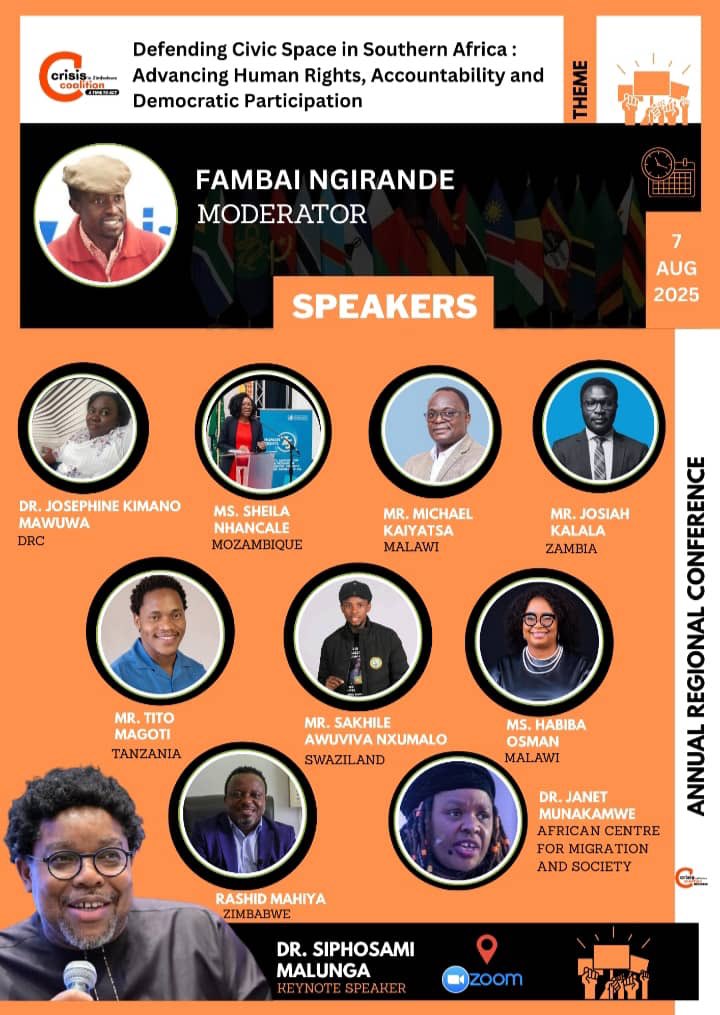 Crisis in Zimbabwe Coalition (@crisiscoalition) on Twitter photo Join us for this important discussion this Thursday at 0930. The meeting draws participants from the SADC region & will reflect on the state of civic space to collectively develop strategies for solidarity & coordinated regional action. <a href="/SADC_News/">SADC Secretariat</a> <a href="/SiphoMalunga/">Siphosami Malunga</a> <a href="/HealZim/">Heal Zimbabwe Trust</a> <a href="/SABCNews/">SABC News</a> Join us for this important discussion this Thursday at 0930. The meeting draws participants from the SADC region & will reflect on the state of civic space to collectively develop strategies for solidarity & coordinated regional action. <a href="/SADC_News/">SADC Secretariat</a> <a href="/SiphoMalunga/">Siphosami Malunga</a> <a href="/HealZim/">Heal Zimbabwe Trust</a> <a href="/SABCNews/">SABC News</a>