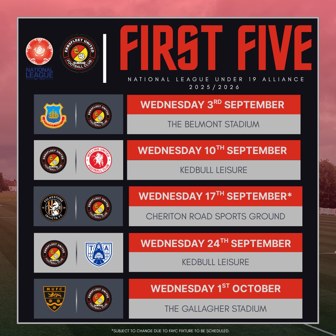 Ebbsfleet United Academy (@academyeufc) on Twitter photo 𝐍𝐚𝐭𝐢𝐨𝐧𝐚𝐥 𝐋𝐞𝐚𝐠𝐮𝐞 𝐔𝟏𝟗 - 𝐅𝐢𝐫𝐬𝐭 𝐅𝐢𝐯𝐞 |
Fixtures have dropped! Here’s our first five games of our new <a href="/nationallgeU19/">NL Under 19 Alliance</a> 25/26 league campaign. 𝐍𝐚𝐭𝐢𝐨𝐧𝐚𝐥 𝐋𝐞𝐚𝐠𝐮𝐞 𝐔𝟏𝟗 - 𝐅𝐢𝐫𝐬𝐭 𝐅𝐢𝐯𝐞 |
Fixtures have dropped! Here’s our first five games of our new <a href="/nationallgeU19/">NL Under 19 Alliance</a> 25/26 league campaign.