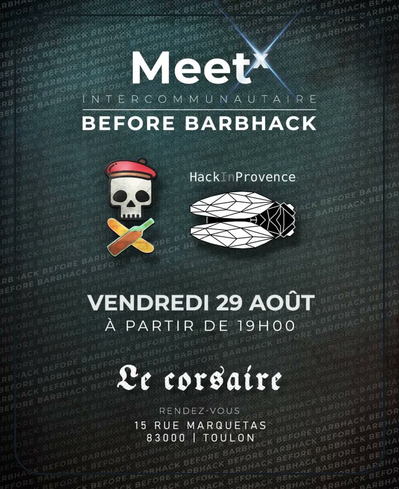 OSINT-FR (@osintfr) on Twitter photo BEFORE BARBHACK | TOULON
À l’occasion de l'événement Barbhack, OSINT-FR fait escale à Toulon.
Rendez-vous le 29 août à 19h au Corsaire PUB pour un moment festif entre passionnés de cybersécurité et d'osint, coorganisée avec <a href="/hackinprovence/">Hack In Provence</a>
Inscriptions : osintfr.com/evenement/Barb… BEFORE BARBHACK | TOULON
À l’occasion de l'événement Barbhack, OSINT-FR fait escale à Toulon.
Rendez-vous le 29 août à 19h au Corsaire PUB pour un moment festif entre passionnés de cybersécurité et d'osint, coorganisée avec <a href="/hackinprovence/">Hack In Provence</a>
Inscriptions : osintfr.com/evenement/Barb…