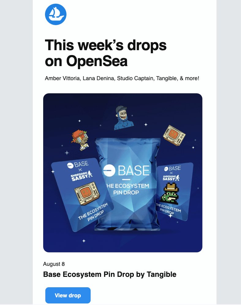 LADodger (@dodgerkong) on Twitter photo Opensea just dropped the alphaβ¦
The Base pin drop is featured on the homepage, first highlight on the Drops page, and even got a shoutout in the weekly OpenSea email.
This collab is STACKED with the best projects onchain including <a href="/ShreddingSassy/">Shredding Sassy</a>
Something BIG is coming! Opensea just dropped the alphaβ¦
The Base pin drop is featured on the homepage, first highlight on the Drops page, and even got a shoutout in the weekly OpenSea email.
This collab is STACKED with the best projects onchain including <a href="/ShreddingSassy/">Shredding Sassy</a>
Something BIG is coming!