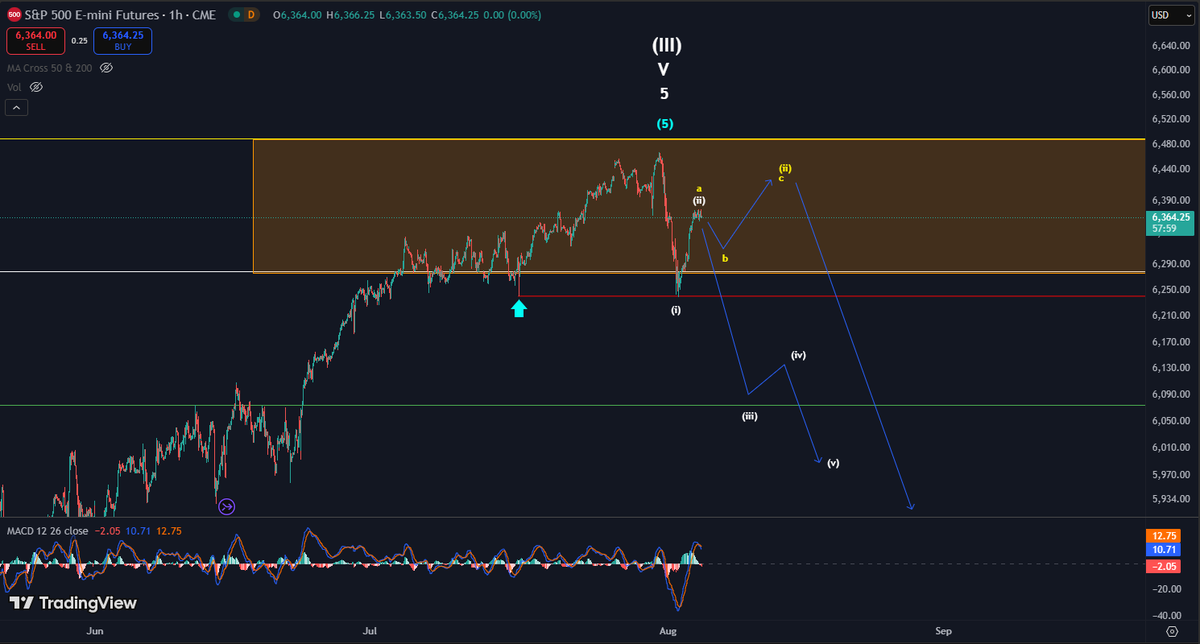 ES1 S&amp;P Futures: Price action today should provide context for the market. A breach below 6239 will expose a rapid decline in a wave (iii) in primary white count.
At this time, I do not expect a new high to be made, for a very very long time.