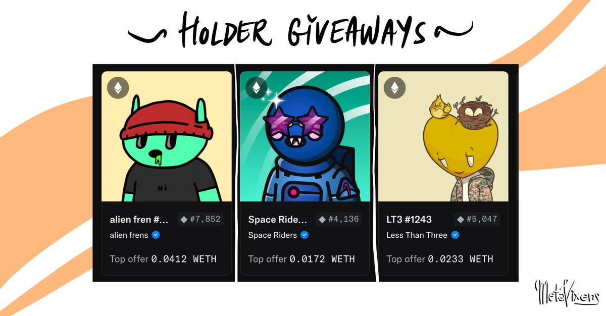 MetaVixens 💎💜 (@metavixensnft) on Twitter photo ✨MV TRIPLE HOLDER GIVEAWAY✨
Three colourful NFTs are now up for grabs! An <a href="/alienfrens/">alien frens</a>, a <a href="/SpaceRidersXYZ/">Space Riders</a> and a <a href="/LT3NFT/">Less Than Three</a> will find homes during the next few weeks - Giveaways open to all MV holders, all you have to do to participate is go to the Giveaways channel in Discord and ✨MV TRIPLE HOLDER GIVEAWAY✨
Three colourful NFTs are now up for grabs! An <a href="/alienfrens/">alien frens</a>, a <a href="/SpaceRidersXYZ/">Space Riders</a> and a <a href="/LT3NFT/">Less Than Three</a> will find homes during the next few weeks - Giveaways open to all MV holders, all you have to do to participate is go to the Giveaways channel in Discord and