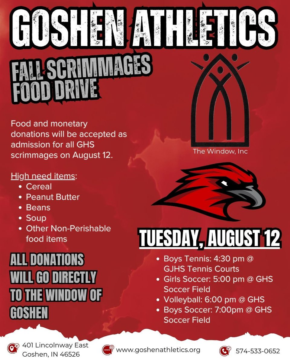 Fall Sports are right around the corner at GHS! Help support the RedHawks and our community next Tuesday, 8/12! #FallSports #Scrimmages #Community #RedHawks 🎾 ⚽ 🏐