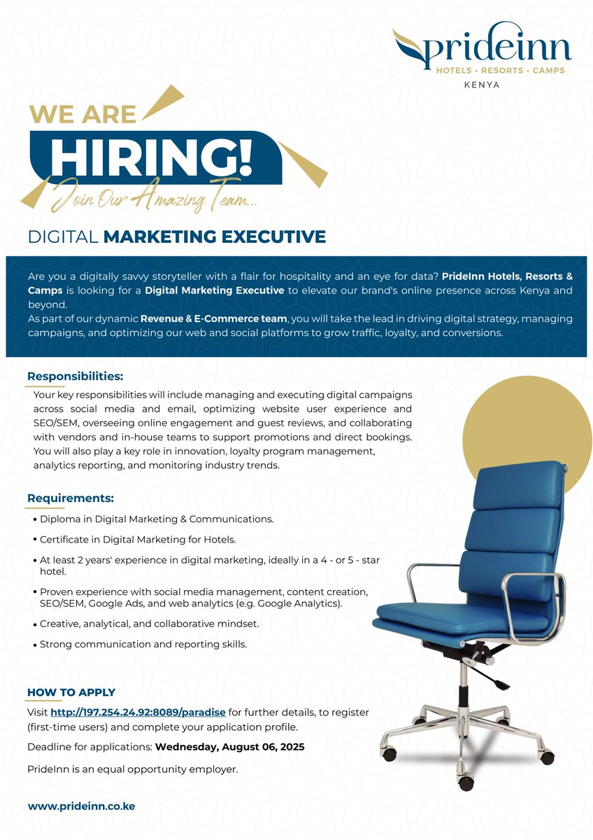 PrideinnHotels's tweet photo. We’re hiring a Digital Marketing Executive to join our dynamic Revenue &amp; E‑Commerce team at PrideInn Hotels, Resorts &amp; Camps.
📅 Deadline: 6th Aug 2025
📍 Apply: http://197.254.24.92:8089/paradise
#IkoKaziKE #DigitalMarketing #HospitalityJobs #NowHiring #FeelThePrideInnTouch https://t.co/XHK9QnXjvz