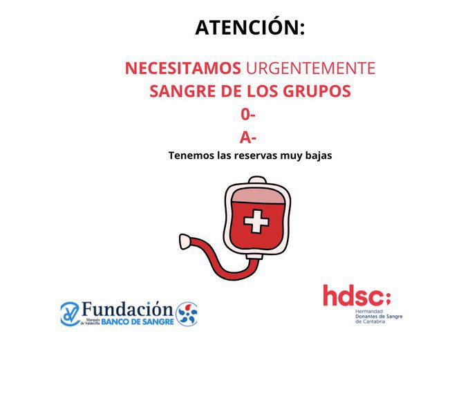 Gobierno Cantabria (@cantabriaes) on Twitter photo ‼️🩸 El <a href="/BSCANTABRIA/">BANCO DE SANGRE DE CANTABRIA</a> necesita urgentemente sangre de los grupos 0️⃣ negativo y 🅰️ negativo
🔴 Los donantes pueden acudir a la unidad móvil, que se encuentra hoy en #LosCorralesDeBuelna o al Pabellón 13 del <a href="/HUnivValdecilla/">Hospital Universitario Marqués de Valdecilla</a> en #Santander
ℹ️👉🏻 bit.ly/4lZ1cRT ‼️🩸 El <a href="/BSCANTABRIA/">BANCO DE SANGRE DE CANTABRIA</a> necesita urgentemente sangre de los grupos 0️⃣ negativo y 🅰️ negativo
🔴 Los donantes pueden acudir a la unidad móvil, que se encuentra hoy en #LosCorralesDeBuelna o al Pabellón 13 del <a href="/HUnivValdecilla/">Hospital Universitario Marqués de Valdecilla</a> en #Santander
ℹ️👉🏻 bit.ly/4lZ1cRT