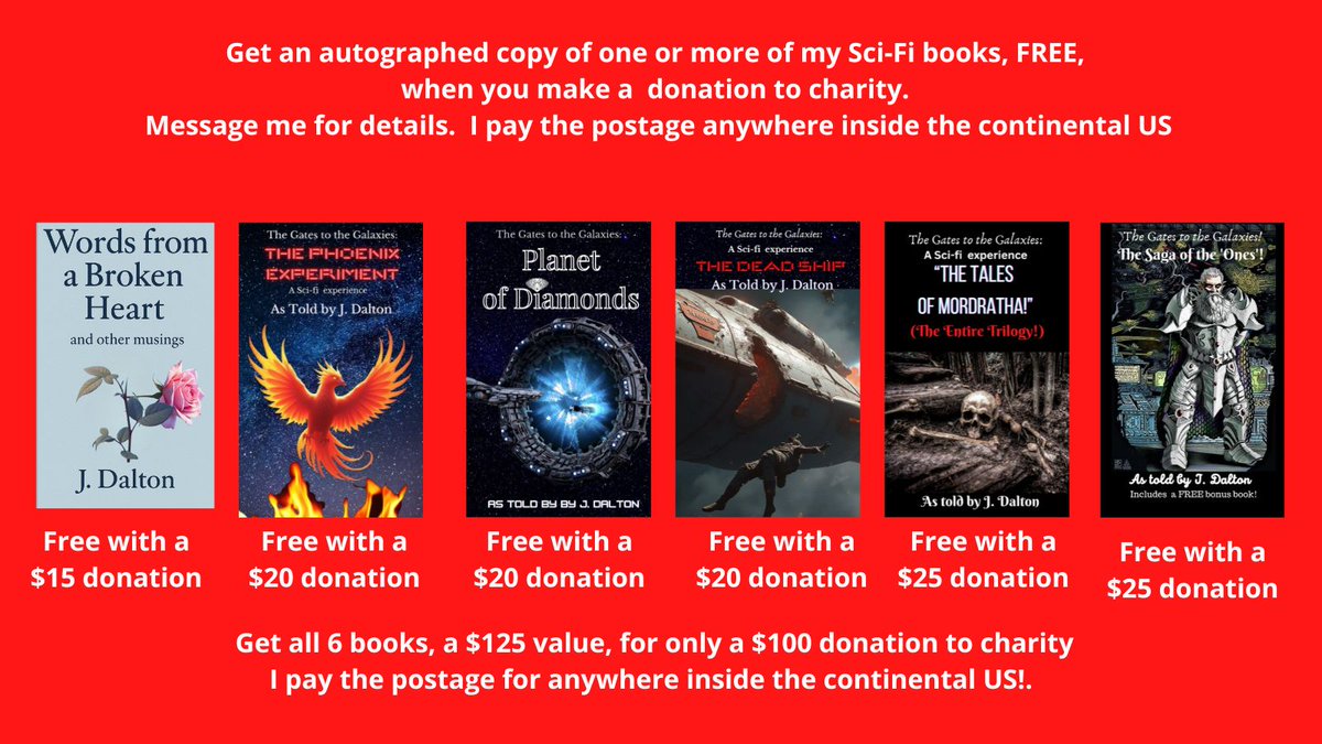 Did you know...?

When you download one of my books, or read them with #KindleUnlimited, every penny generated goes to charity.

Writing is my hobby, and I take nothing.

Paying it forward is my reward!

Message me if you would like an autographed copy.

amazon.com/J-Dalton/e/B08…
