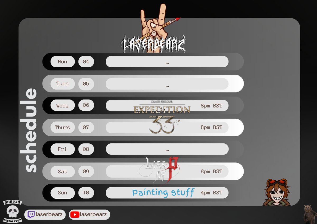 Possibly(?) finishing Clair Obscur Expedition 33 and starting Lies of P Overture this week.

Hope to see you there.