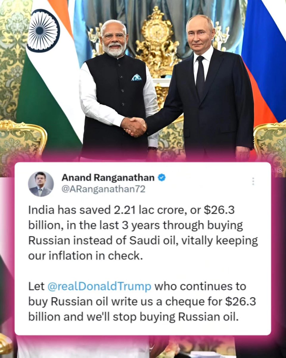 🇮🇳 Nation 1st (Modi's Family) 🕉🚩 (@nation_is1st) on Twitter photo India has saved 2.21 lac crore, or $26.3 billion, in the last 3 years through buying Russian instead of Saudi oil, vitally keeping our inflation in check.
Let <a href="/realDonaldTrump/">Donald J. Trump</a> who continues to buy Russian oil write us a cheque for $26.3 billion and we'll stop buying Russian oil India has saved 2.21 lac crore, or $26.3 billion, in the last 3 years through buying Russian instead of Saudi oil, vitally keeping our inflation in check.
Let <a href="/realDonaldTrump/">Donald J. Trump</a> who continues to buy Russian oil write us a cheque for $26.3 billion and we'll stop buying Russian oil