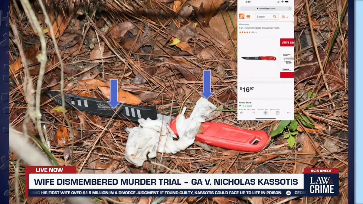 "I submit to you that the killer was a prosecutor" (Kassotis is a former prosecutor.) Here is the knife found at the scene; it had a disinfectant wipe around the handle. There were wipes all over the place, per the prosecution's opening.  They also show a still shot of