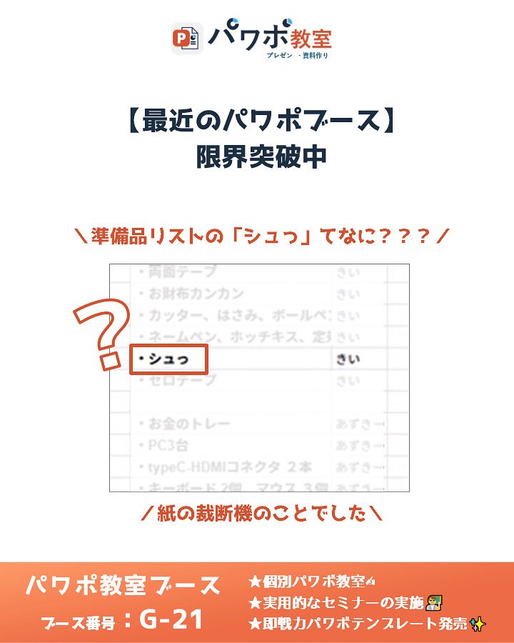 毎週集まっていたパワポ教室ブースの打ち合わせ
ついに、最後のミーティング！
最初は2月から実施していました。
全力でみなさんをお迎えします〜！
 
準備もほんとにほんとに終盤。
準備品リストの項目「シュっ」……なに…？
※紙の裁断機のことでした
限界突破中のパワポブースメンバーでした