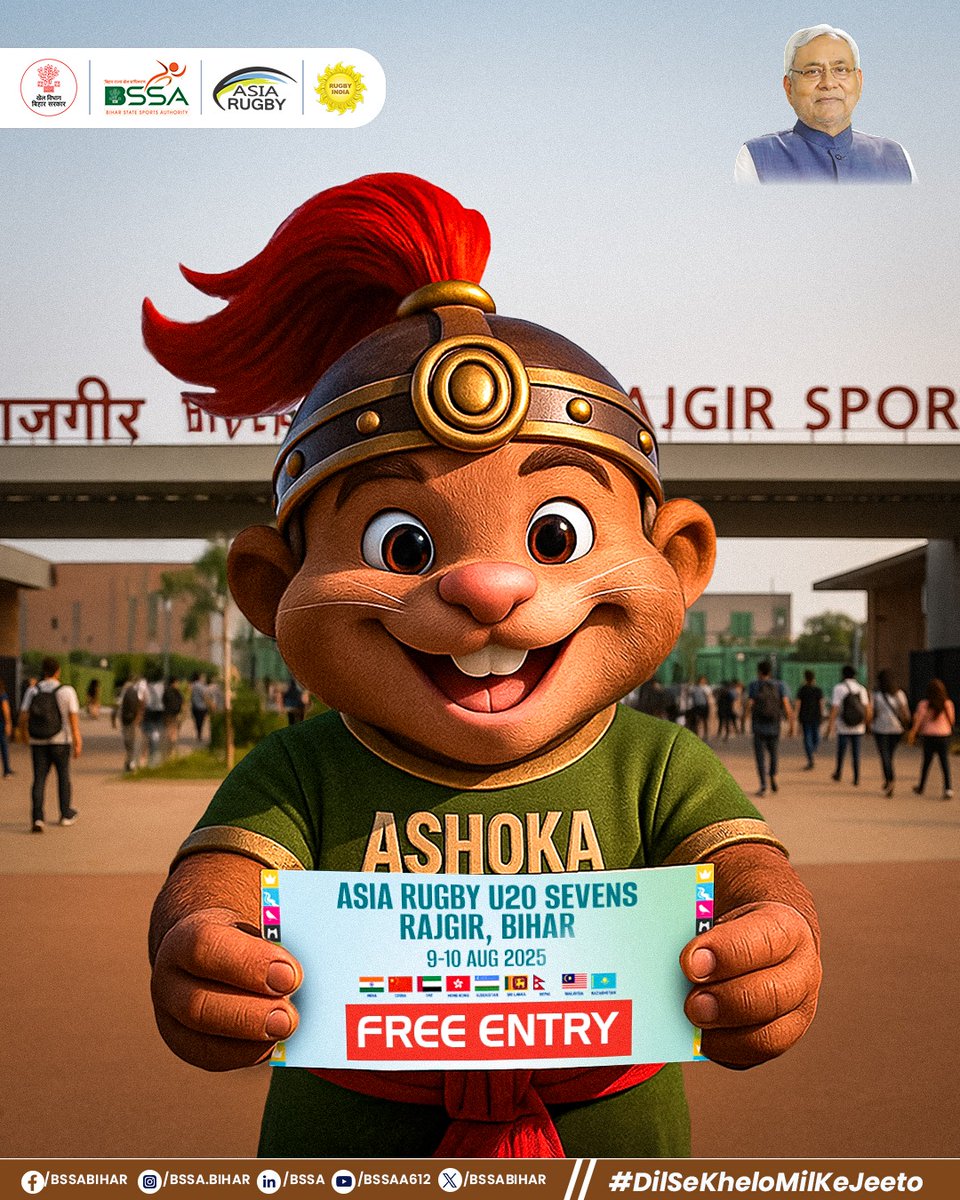 S Pandey 🩵 (@justicewidsusma) on Twitter photo Ashoka is ready... are you?
🎉 The biggest Asia Rugby U20 Sevens is coming to Rajgir for the very first time!
🏉 Be there to cheer, celebrate, and witness sporting legends in the making.ENTRY FREE! Bring your friends, your cheers, and your passion.
#Rugby
<a href="/asiarugby/">Asia Rugby</a>
<a href="/RugbyIndia/">Rugby India</a> Ashoka is ready... are you?
🎉 The biggest Asia Rugby U20 Sevens is coming to Rajgir for the very first time!
🏉 Be there to cheer, celebrate, and witness sporting legends in the making.ENTRY FREE! Bring your friends, your cheers, and your passion.
#Rugby
<a href="/asiarugby/">Asia Rugby</a>
<a href="/RugbyIndia/">Rugby India</a>