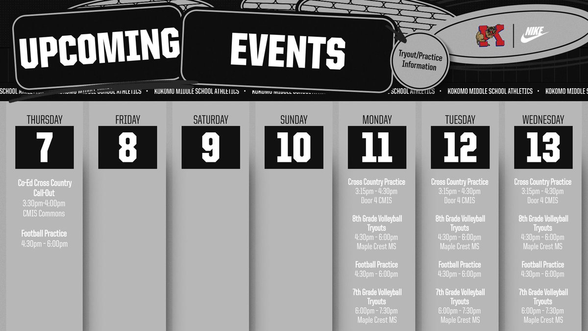 Kokomo Middle AD (@kms_ad) on Twitter photo Upcoming Middle School Schedule ⬇️⬇️⬇️
Cross Country Call-Out Meeting will be 8/7 at 3:30pm in the CMIS Student Commons
Volleyball tryouts will begin next Monday at Maple Crest - make sure to have updated physical & completed FinalForms
<a href="/KHS_SID/">Kokomo HS Sports Information Director</a> <a href="/CoachDSchauss/">Drew Schauss</a> <a href="/KokomoSchools/">Kokomo Schools</a> Upcoming Middle School Schedule ⬇️⬇️⬇️
Cross Country Call-Out Meeting will be 8/7 at 3:30pm in the CMIS Student Commons
Volleyball tryouts will begin next Monday at Maple Crest - make sure to have updated physical & completed FinalForms
<a href="/KHS_SID/">Kokomo HS Sports Information Director</a> <a href="/CoachDSchauss/">Drew Schauss</a> <a href="/KokomoSchools/">Kokomo Schools</a>