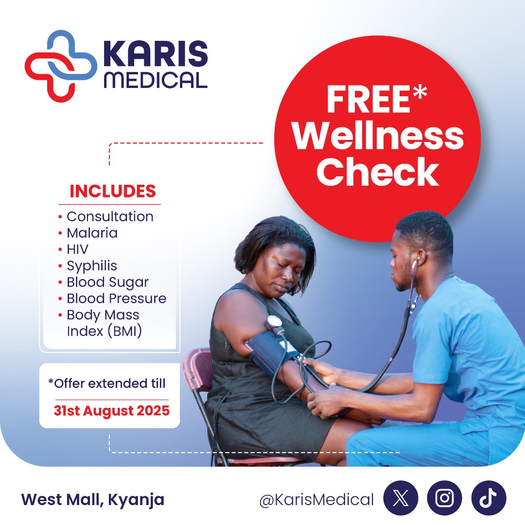 KarisMedical's tweet photo. WELLNESS CHECK OFFER EXTENDED 
Call +256 393 001567 or WhatsApp https://t.co/CAf6FjBqyw to book a FREE wellness check for yourself, friends and family at Karis Medical, Kisaasi Road, West Mall Kyanja. https://t.co/TXDgoVkyhX