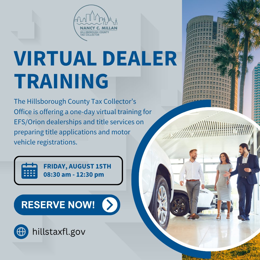 🚗 EFS/Orion Dealers &amp; Title Services!
Virtual dealer training: Aug 15, 8:30AM-12:30PM

✅ Title applications &amp; motor vehicle registrations
✅ DMV compliance updates
✅ Q&amp;A session

🚨 Limited seats! Sign up now:
hillstaxfl.gov/title-tag/deal…
#DealerTraining