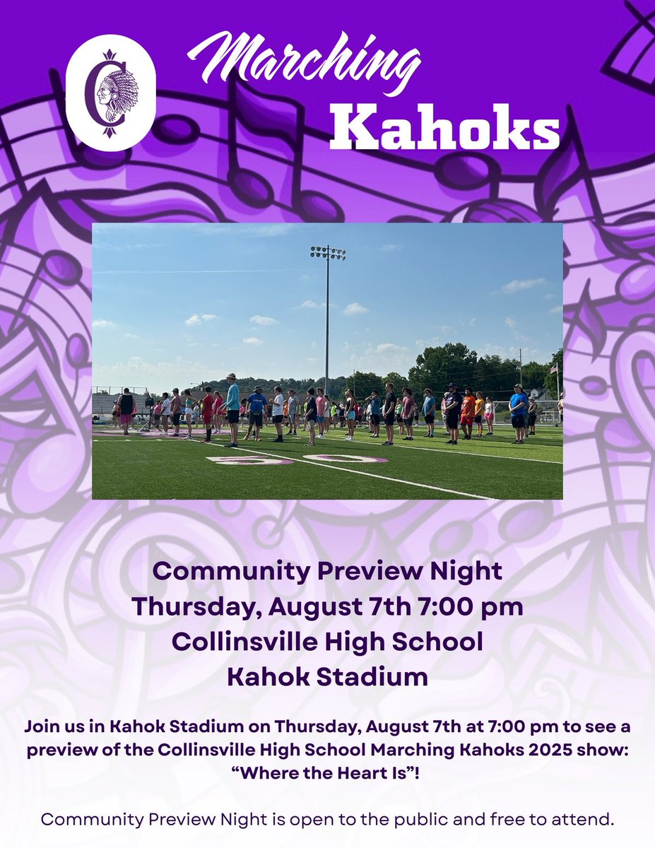 Collinsville CUSD10 (@cusd10) on Twitter photo Kahok Nation: You're invited to preview the Marching Kahoks 2025-26 show this Thursday, August 7, at 7:00 pm in Kahok Stadium. #thekahokway #proudtobeakahok
Get a Preview of the Marching Kahoks 2025-26 Show on Thursday, August 7 psqr.io/zIz2aHWWhb via <a href="/ParentSquare/">ParentSquare</a> Kahok Nation: You're invited to preview the Marching Kahoks 2025-26 show this Thursday, August 7, at 7:00 pm in Kahok Stadium. #thekahokway #proudtobeakahok
Get a Preview of the Marching Kahoks 2025-26 Show on Thursday, August 7 psqr.io/zIz2aHWWhb via <a href="/ParentSquare/">ParentSquare</a>