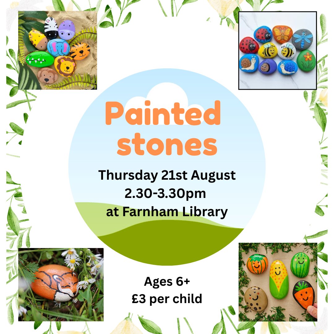 FarnhamLibrary's tweet image. Join us at #FarnhamLibrary to create wonderful designs on your own stone as part of the Summer Reading Challenge&apos;s #StoryGarden theme!

Suitable for ages 6+, £3 per child. Sign up at the library or email farnham.library@surreycc.gov.uk

@SurreyLibraries #SurreyLibraries