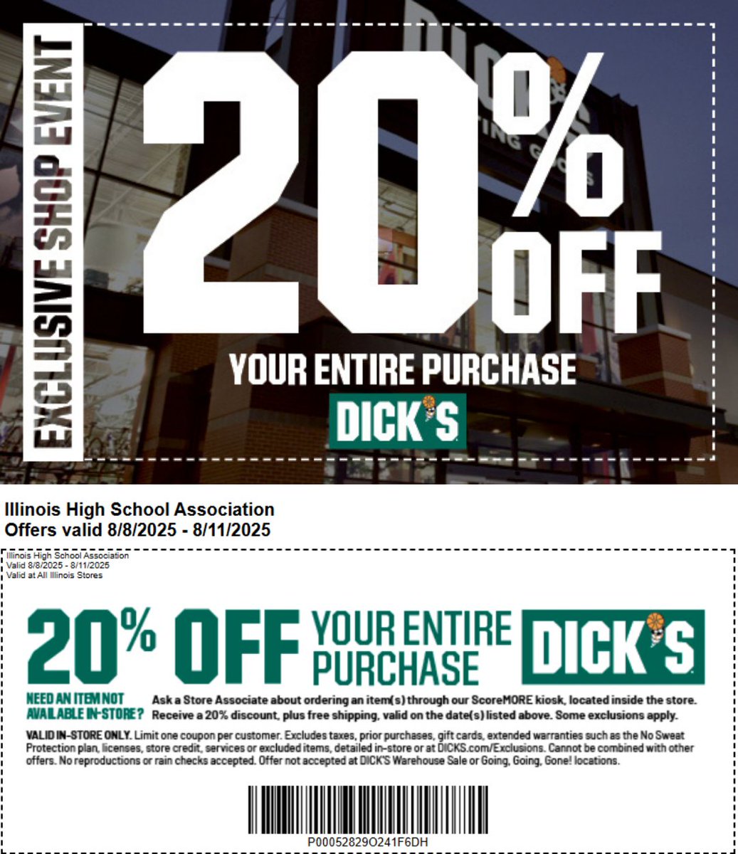 Illinois High School Association #IHSA (@ihsa_il) on Twitter photo ⏰ This weekend take 20% off your entire purchase at DICK'S Sporting Goods!
🥎⚽️🎾⚾️ The <a href="/DICKS/">DICK'S Sporting Goods</a> Exclusive Shop Event is happening at all Illinois stores August 8-10.
👕🧢Gear up for the #IHSA fall season with the coupon below...
🔗Get your coupon➡ …-prod.nyc3.cdn.digitaloceanspaces.com/article-archiv… ⏰ This weekend take 20% off your entire purchase at DICK'S Sporting Goods!
🥎⚽️🎾⚾️ The <a href="/DICKS/">DICK'S Sporting Goods</a> Exclusive Shop Event is happening at all Illinois stores August 8-10.
👕🧢Gear up for the #IHSA fall season with the coupon below...
🔗Get your coupon➡ …-prod.nyc3.cdn.digitaloceanspaces.com/article-archiv…