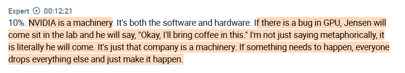 Rihard Jarc (@rihardjarc) on Twitter photo " Jensen at $NVDA is the CEO, CTO, CSO, CPO, all the titles. $NVDA is a machinery. If there is a bug, Jensen will come sit in the lab and he will say: "Okay, i'll bring coffee".
A former $NVDA employee sharing some insights on Jensen (found on <a href="/AlphaSenseInc/">AlphaSense</a>) " Jensen at $NVDA is the CEO, CTO, CSO, CPO, all the titles. $NVDA is a machinery. If there is a bug, Jensen will come sit in the lab and he will say: "Okay, i'll bring coffee".
A former $NVDA employee sharing some insights on Jensen (found on <a href="/AlphaSenseInc/">AlphaSense</a>)