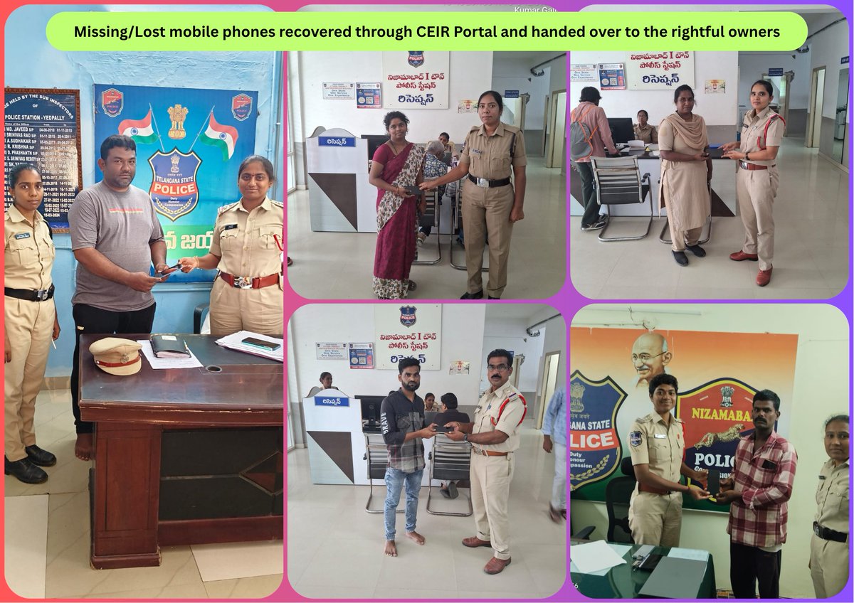 CP Nizamabad (@cp_nizamabad) on Twitter photo A total of 5 lost mobile phones were traced through the #CEIR portal in the limits of Nizamabad I Town, Yedapally, and Mugpal Police Stations, and handed over to the rightful owners.
#MobileRecovery #CEIRPortal #NizamabadPolice
<a href="/TelanganaCOPs/">Telangana Police</a> <a href="/TelanganaDGP/">DGP TELANGANA POLICE</a> <a href="/ChaitanyaIPS/">P. Sai Chaitanya, IPS</a> A total of 5 lost mobile phones were traced through the #CEIR portal in the limits of Nizamabad I Town, Yedapally, and Mugpal Police Stations, and handed over to the rightful owners.
#MobileRecovery #CEIRPortal #NizamabadPolice
<a href="/TelanganaCOPs/">Telangana Police</a> <a href="/TelanganaDGP/">DGP TELANGANA POLICE</a> <a href="/ChaitanyaIPS/">P. Sai Chaitanya, IPS</a>