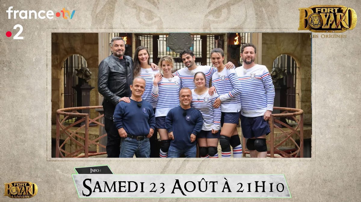 #FortBoyard SAISON 2025-08 : Samedi 23 Août à 21h10 sur France 2 : 

Présenté par <a href="/olivierminne/">Olivier MINNE</a>

Équipe composée de : <a href="/CamilleCerfOff/">CamilleCerf</a> <a href="/leafrancoisoff/">Léa François</a> <a href="/azzahmedchaouch/">azzeddine AAC</a> #ChristopheLicata #DianeLeyre #MayaneSarahElBaze 

#FortBoyard