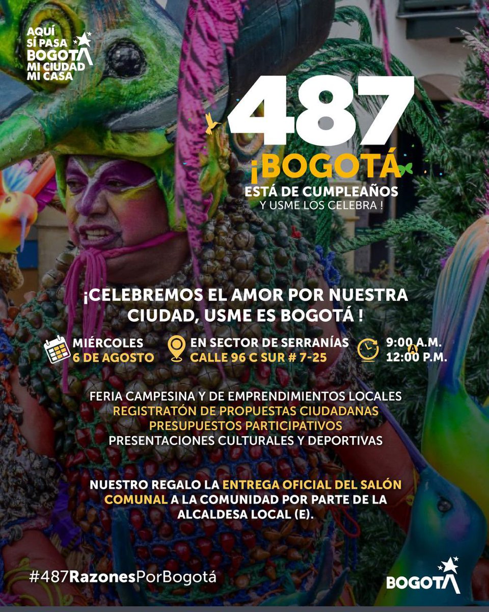 Estamos de fiesta por Bogotá.

Y nos sobran razones para celebrar con alegría y orgullo todo lo que representa nuestra amada ciudad.

Tendremos diferentes actividades y un regalo especial para Bogotá 💛❤️

#AquíSíPasa en Bogotá mi ciudad, Usme mi casa 🏠 

#487RazonesPorBogotá