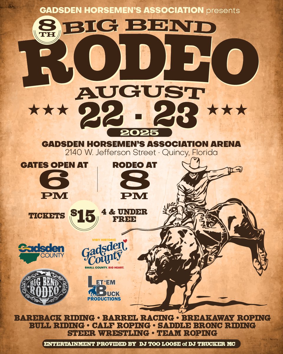 🎉🐎 Mark your calendars! The 8th Annual Big Bend Rodeo rides into Quincy on Aug. 22–23!
 🎯Bull riding, bronc busting &amp; more
 🎟️$15 | 👶 Kids under 4 FREE
 ⏰6 PM gates | 8 PM show
 📍2140 W. Jefferson St., Quincy
Details ➡️ gadsdencountyfl.gov
#BigBendRodeo  #FloridaRodeo