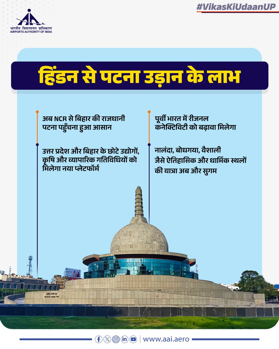 Airports Authority of India (@aai_official) on Twitter photo हिंडन <a href="/AaiHindon/">Hindon Airport</a> से पटना <a href="/aaipatairport/">Patna Airport</a> तक सीधी उड़ान सेवा से दिल्ली NCR और पश्चिमी उत्तर प्रदेश से बिहार की राजधानी पटना पहुंचना आसान हो गया है। अब यात्री नालंदा, बोधगया और वैशाली जैसे ऐतिहासिक और धार्मिक स्थलों से सीधे जुड़ सकेंगे।
हिंडन से जुड़ रहा है विकास, विश्वास और हिंडन <a href="/AaiHindon/">Hindon Airport</a> से पटना <a href="/aaipatairport/">Patna Airport</a> तक सीधी उड़ान सेवा से दिल्ली NCR और पश्चिमी उत्तर प्रदेश से बिहार की राजधानी पटना पहुंचना आसान हो गया है। अब यात्री नालंदा, बोधगया और वैशाली जैसे ऐतिहासिक और धार्मिक स्थलों से सीधे जुड़ सकेंगे।
हिंडन से जुड़ रहा है विकास, विश्वास और