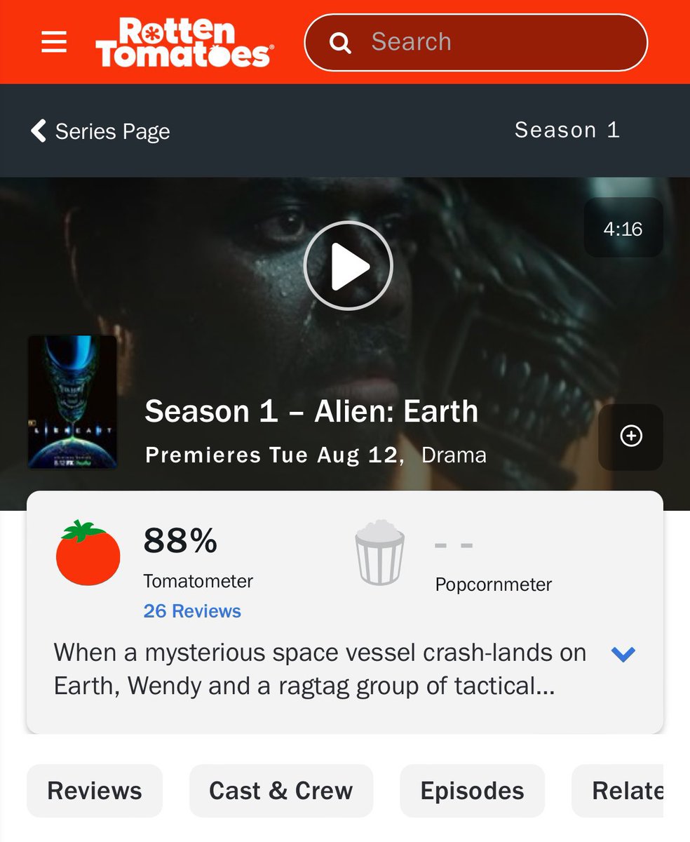 ‘ALIEN: EARTH’ debuts with 88% on Rotten Tomatoes.

Read our review: bit.ly/EarthDF