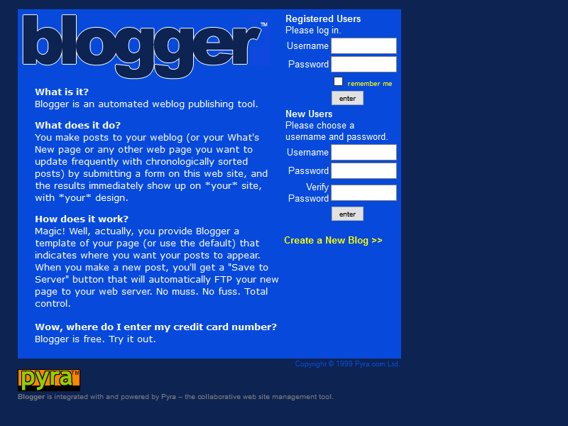On August 23, 1999, Pyra Labs launched one of the oldest blogging tools at Blogger. com. The new blogging platform gained a large community of users in the subsequent years. In February 2003, Blogger. com was bought by Google.  

#InternetHistory